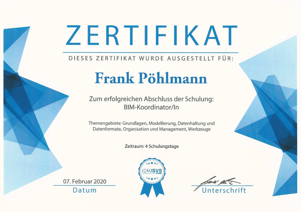BIM-Koordinator - CADSys Zertifikat, Frank Pöhlmann, Cloud-Vermessung + Planung GmbH, Bad Windsheim